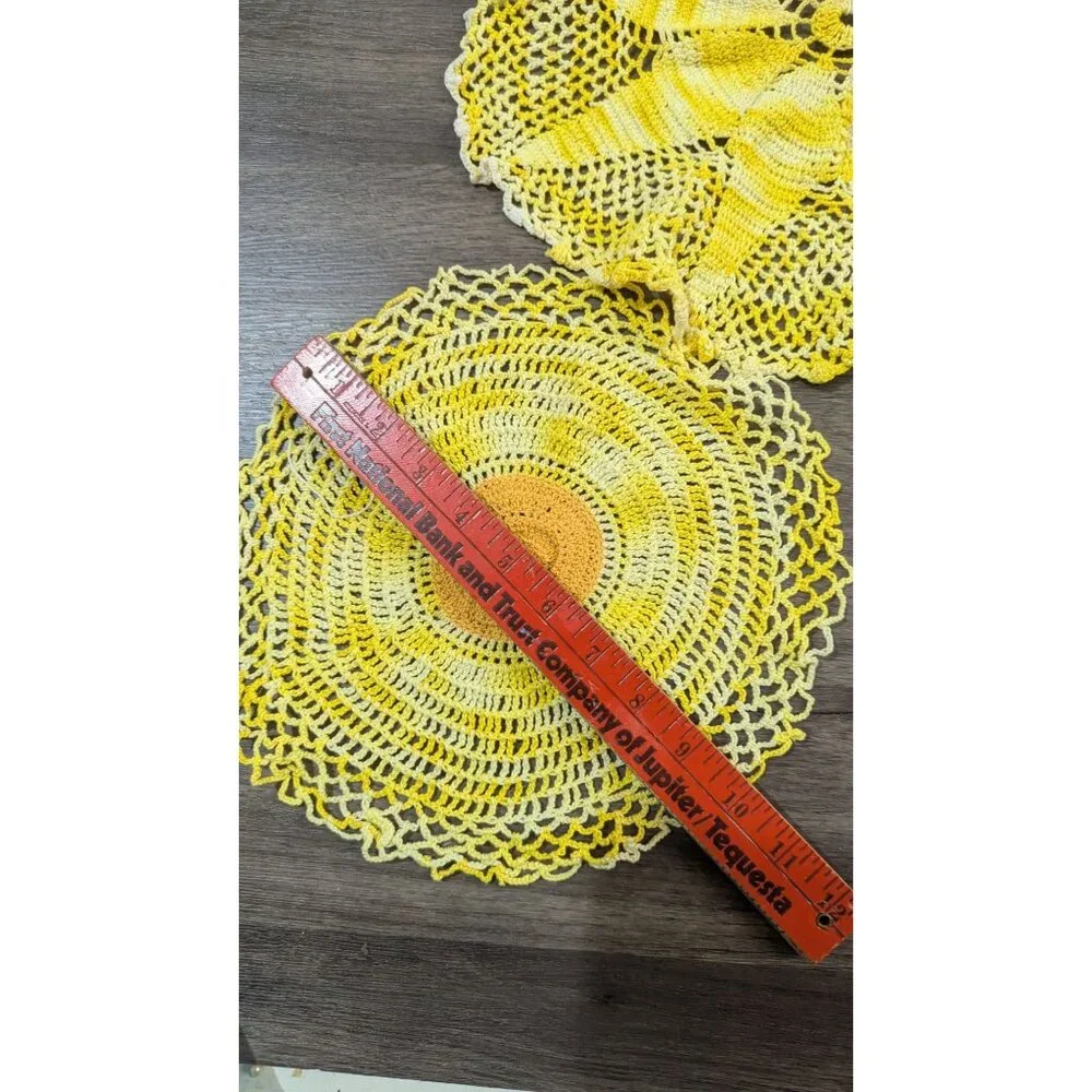 Crocheted Yellow Starburst Lace Doily Set Of 3 Handmade ~12